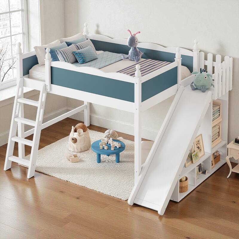 Full/Queen Loft Bed with Storage Shelves, Cabinet & Detachable Slide, Solid Wood Loft Bed with Ladders, No Box Spring - Light White Blue - Full