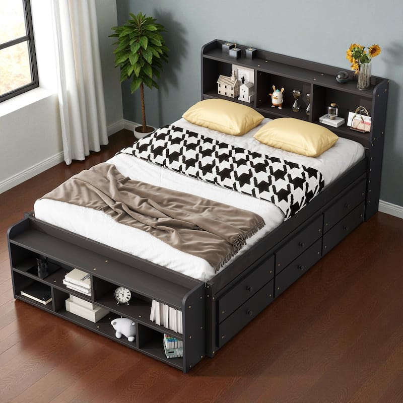 Full Size Wooden Storage Bed with Bookcase Headboard, 6 Drawers, and Bed-End Storage Case - Espresso - Full
