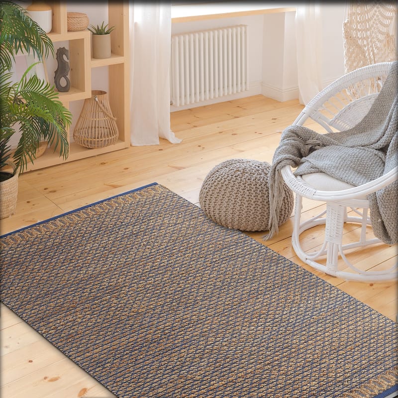 Sevita Nevaeh Coastal Navy Blue Striped Hand-Woven Jute Indoor Area Rug