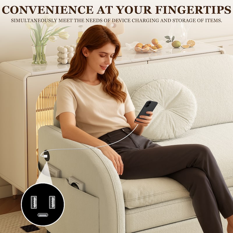 Homy Casa 3-in-1 Convertible Sleeper Sofa Bed, Pull-Out Couch w/ USB, Side Pocket & 4 Pillows, Chenille, 2/3/4-Seat