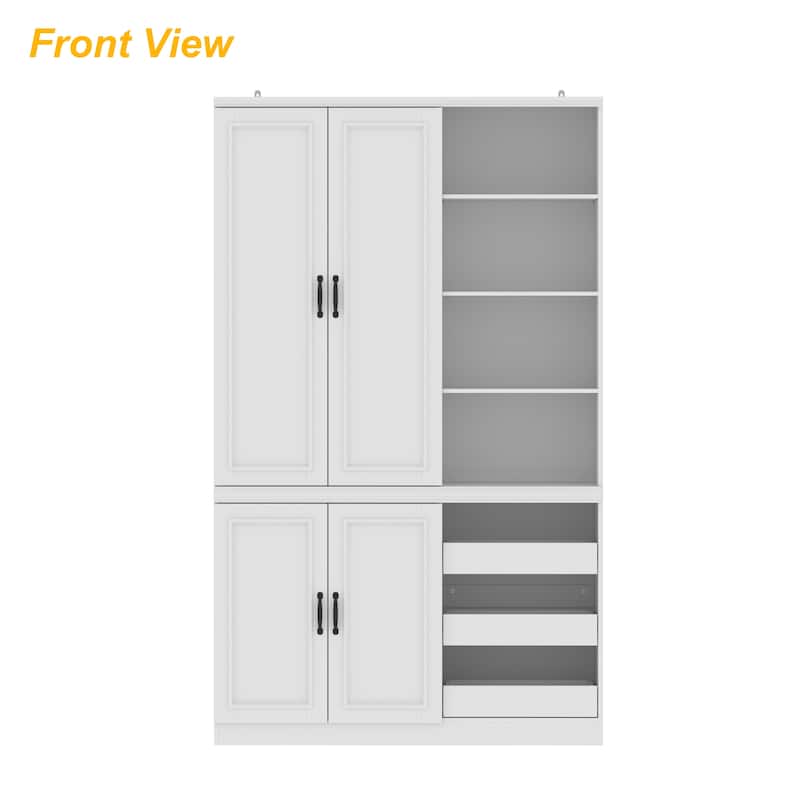 White Wardrobe Closet with Adjustable Shelves Solid Wood Frame Storage Cabinet for Home Organization