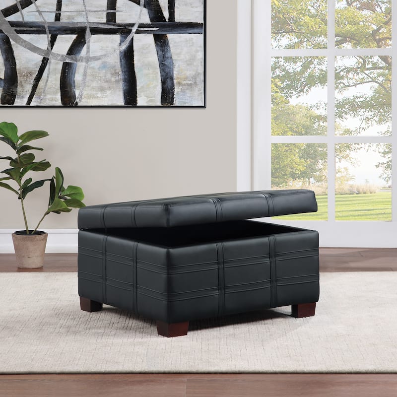 OS Home and Office Furniture Detour Strap Square Storage Ottoman in Black Faux Leather