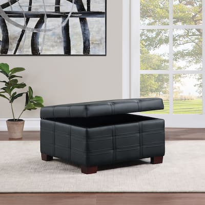 OS Home and Office Furniture Detour Strap Square Storage Ottoman in Black Faux Leather