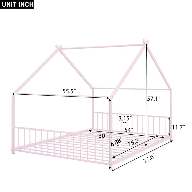Pink Full Size Metal House Bed with Roof, Fence, and Back