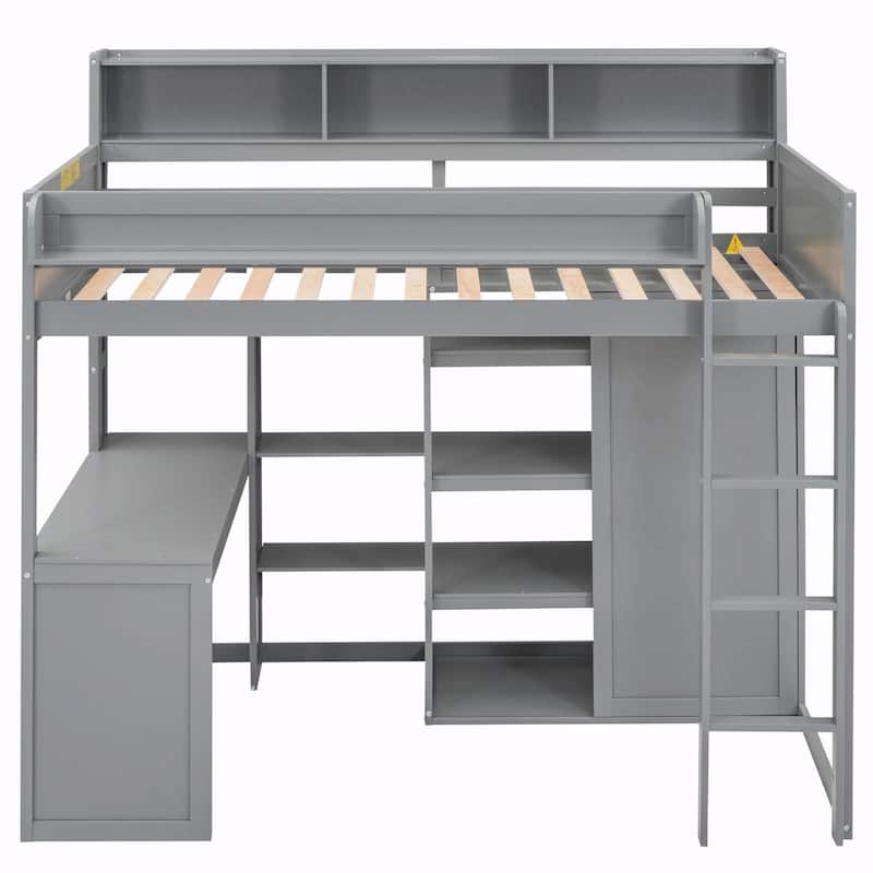 Wood Twin Size Loft Bed with Storage Shelves and Wardrobe
