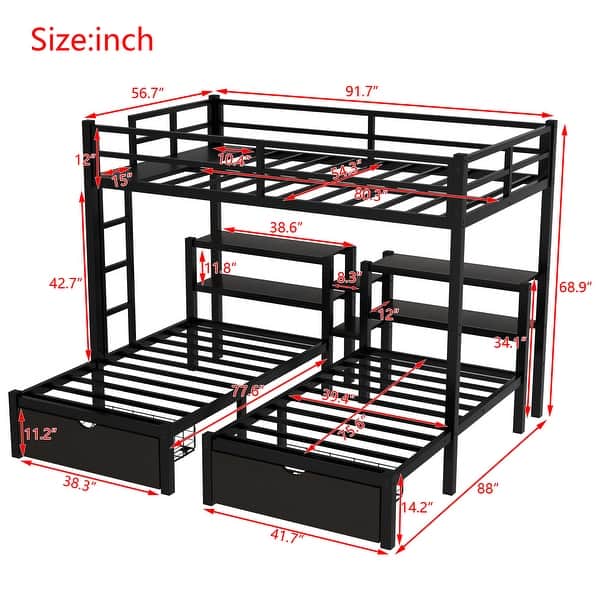 Black Full XL over Twin Size Metal Triple Bunk Bed with Drawers, Multi-functional Metal Frame Bed, Bed Head with Shelving