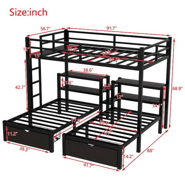 Black Full XL over Twin Size Metal Triple Bunk Bed with Drawers