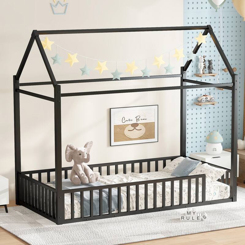 Roomfitters Metal Twin House Bed Frame with Guardrails & Detachable Slats, Convertible Floor to Loft Design, Black