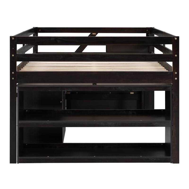 Full Size Loft Bed with Retractable Desk, Storage Stairs, Shelves, and 3 Drawers in Espresso Finish