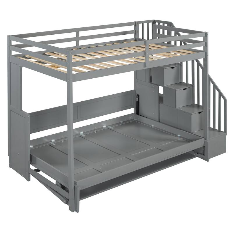 Full Over Full Size Murphy Bed with Hydraulic Lift & Desk Design, Gray