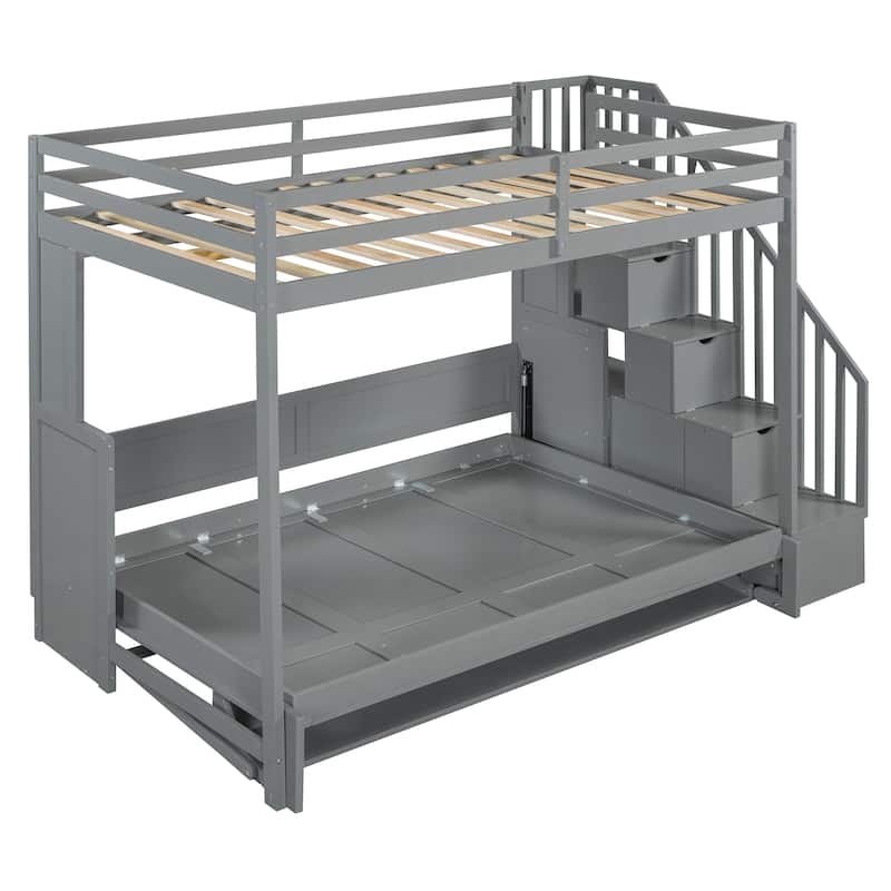 Roomfitters Full Over Full Murphy Bunk Bed with Hydraulic Lift, Foldable Desk and Storage Cabinet