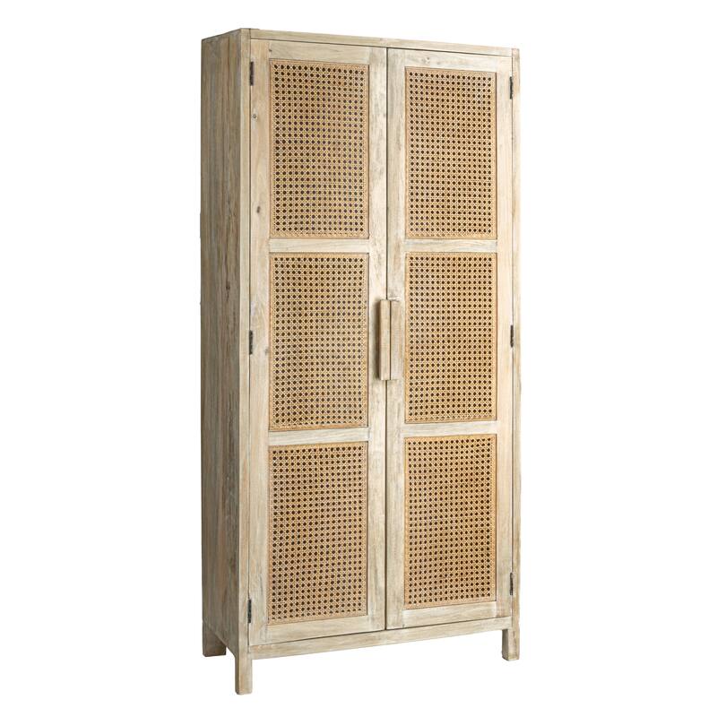 Mango Wood and Cane Curio Cabinet with 3 Shelves and 2 Doors - Natural