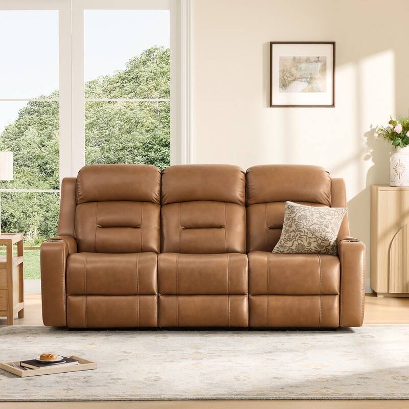 Spruce & Spring Genuine Leather Power Reclining Sofa with Wireless Charging - 3PC - Saddle