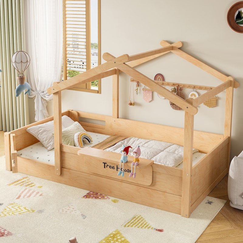 Twin Size Floor Bed with Guardrails and Roof, Kids House Floor Bed with a Small Built-in Tray and Free-installed Signboard