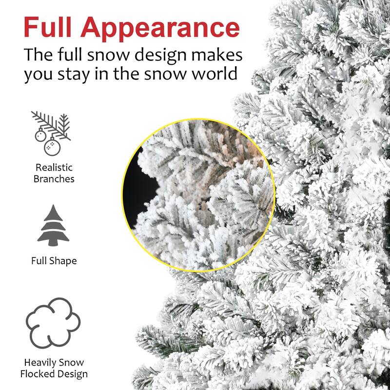6FT Flocked Christmas Tree - Artificial Snowy Holiday Tree with 678 Tips, Full Shape PVC, Sturdy Metal Stand