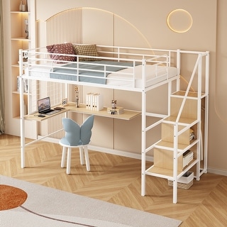 Twin Loft Bed with Desk and Storage Wardrobe,Heavy Duty Loft Bed with Stairs,Metal Grid,Twin Size Loft Bed,No Box Spring Needed