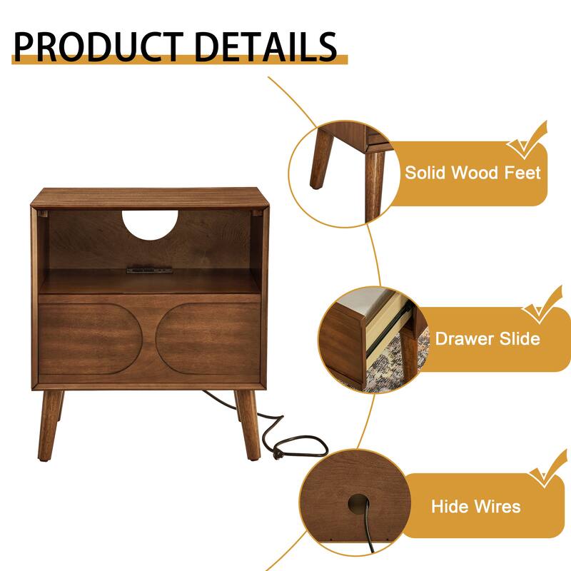 Mid Century Modern Nightstand with USB Ports & Outlet Hole & 4 Solid Wood Legs, End Table with Open Space and Drawer