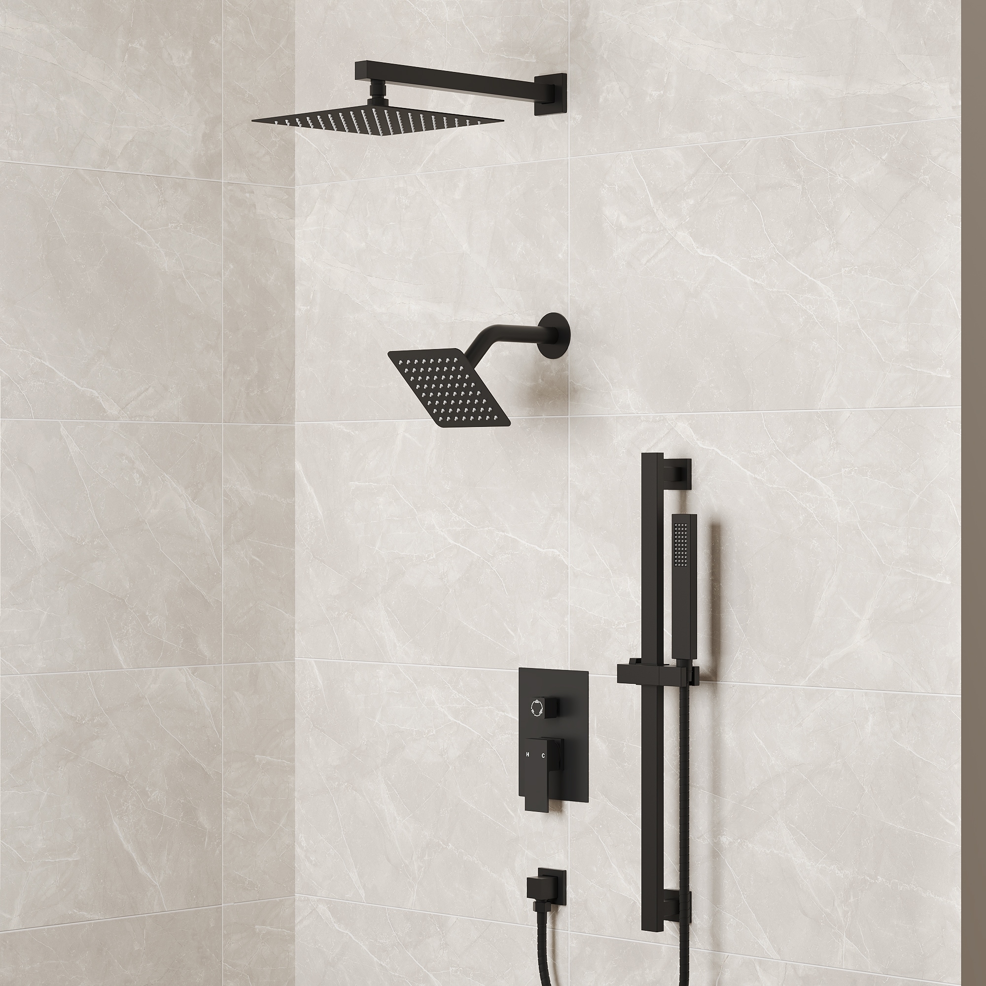 10" High-Pressure Rainfall Shower Faucet with Handheld Spray and Slide Bar Wall Mount Dual Shower Head System - 10"x10"