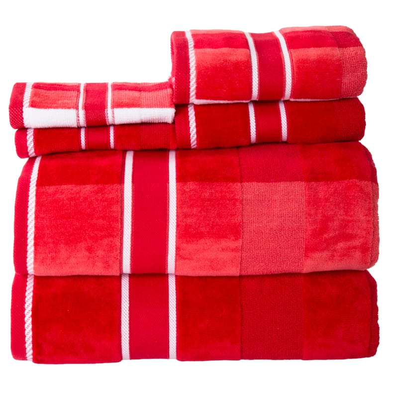 6-PC Towel Set - Absorbent Cotton Bathroom Accessories -Solid and Striped Towels by Lavish Home (Red)