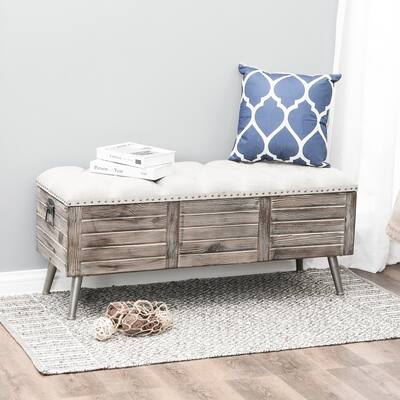 Natural Wood Upholstered Bedroom and Entryway Storage Bench - 20.25" H x 47.38" W x 15.81" W