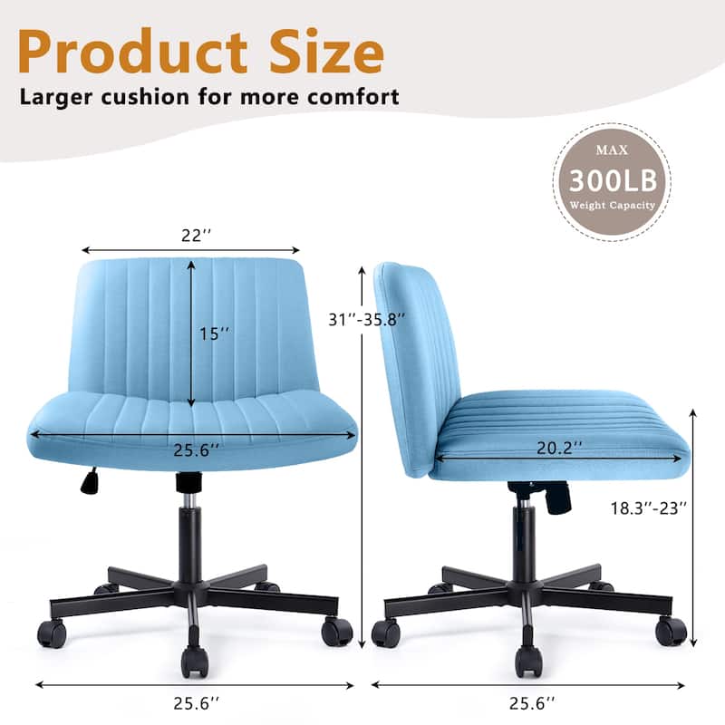 Bossin Criss Cross Chair Armless Office Desk Chair with Wheels,Fabric Padded Cross Legged Chair, Swivel Wide Seat Vanity Chair