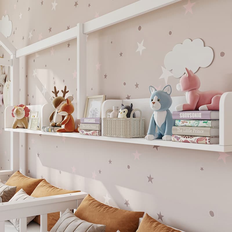 Double Twin Platform Bed with Storage Shelves and Drawers, House Platform Bed with Support Slats, Childlike
