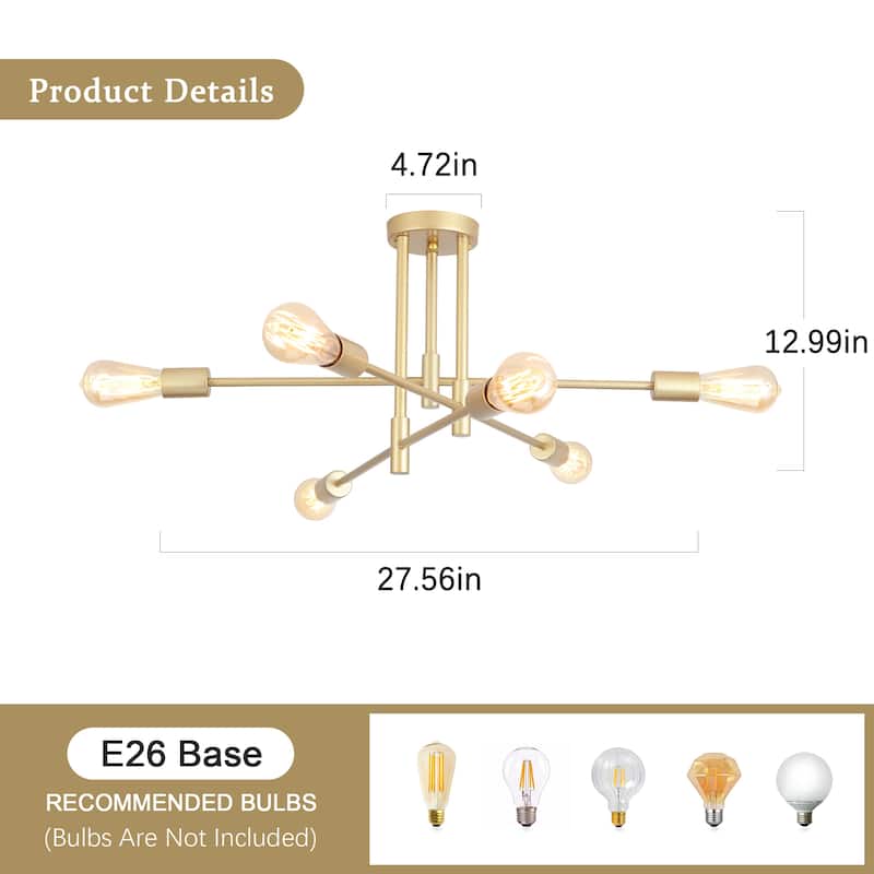 6-Light Modern Semi Flush Ceiling Lights for Bedroom Study Living Room