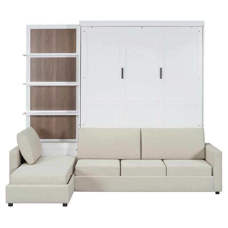 Roomfitters Queen Size Murphy Bed with Sofa and Shelves, Convertible Wall Bed for Living Room or Studio