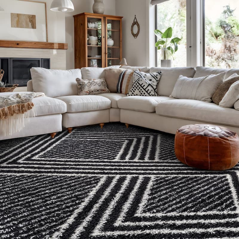 Abstract Geometric Shag Rug - Anthracite Dark Gray - Medium Pile Rug - Kid & Pet Friendly