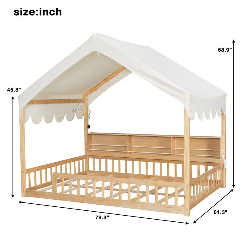 Full-Size Floor House Bed with Fence, Book Nook Shelves, Curtain & LED Lights by Harper&Bright Designs