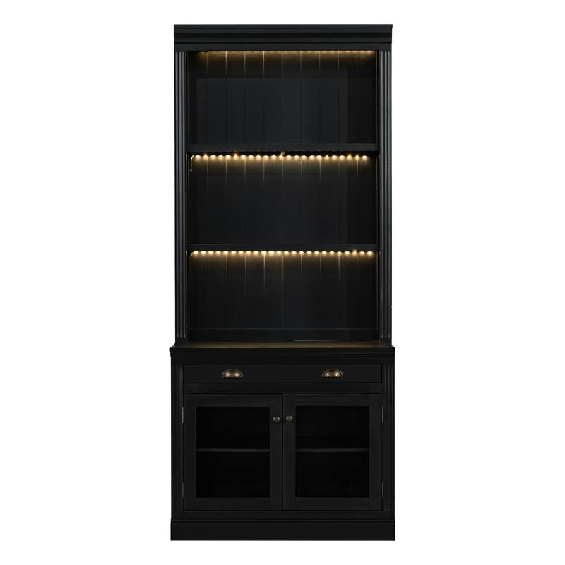 83.4" Large Bookshelf Suite with LED Lighting, 2-Piece Wood Storage Bookcase Set with Glass Doors, Drawers & Open Shelves