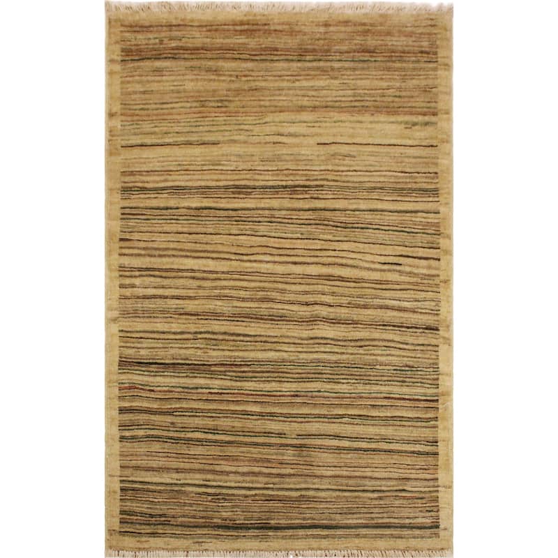 Modern Minimalist Gabbeh Hand Knotted Wool Area Rug - 3'0'' x 4'9'' - Beige/Green/Brown/Tan