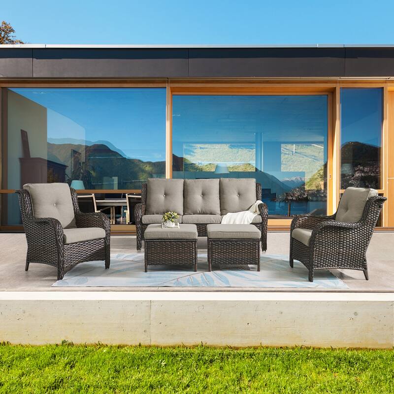 Gymojoy 5-Piece Outdoor Patio Sofa Chair with Ottoman Furniture Set - Brown/Grey