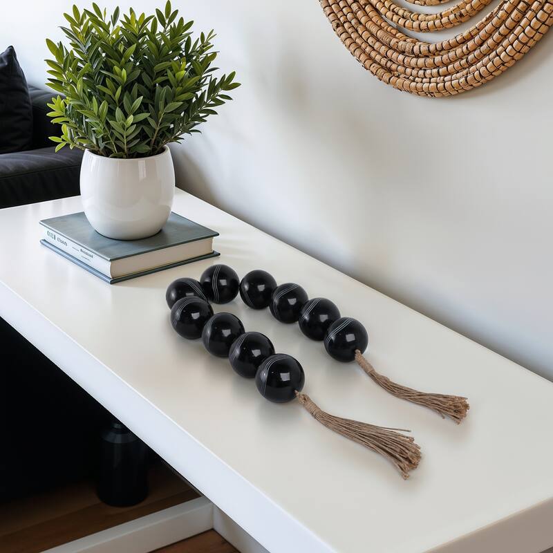 Resin Decorative Carved Beads with Tassels Modern Accent - 49" Black - 49" x 3" x 3"