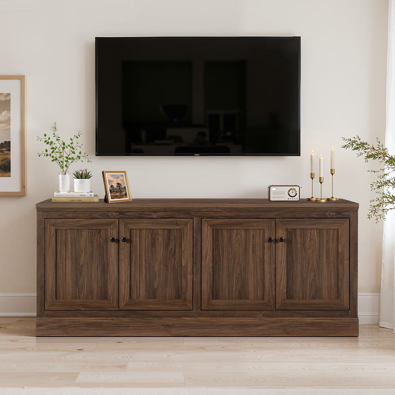 72" Sideboard Cabinet with 4 Doors, Minimalist TV Stand with 2 Compartments for Living Room, Dark Walnut - Dark Brown