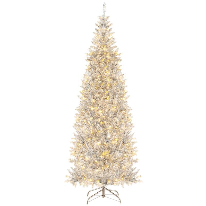 Gymax 7 FT Pre-lit Artificial Silver Tinsel Christmas Tree Slim Pencil