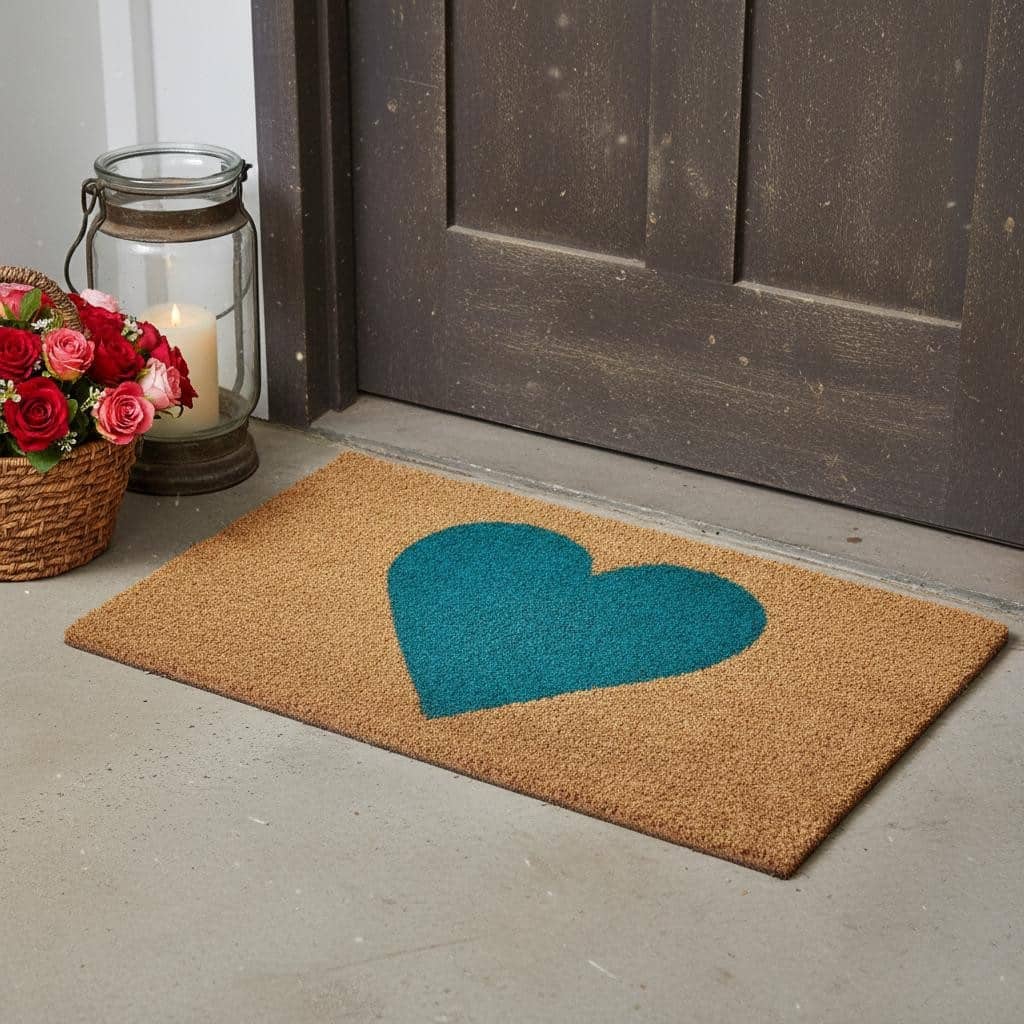 HomeRoots 24" X 36" Brown And Turquoise Heart Outdoor Coir Door Mat - 24.00' X '36.00