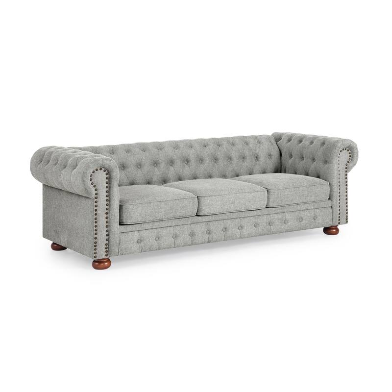 Linen Upholstered Chesterfield Sofa, Tufted 3 Seater Sofa with Nailhead Trim & Scrolled Arms, Low Back Sofa with Solid Wood Legs