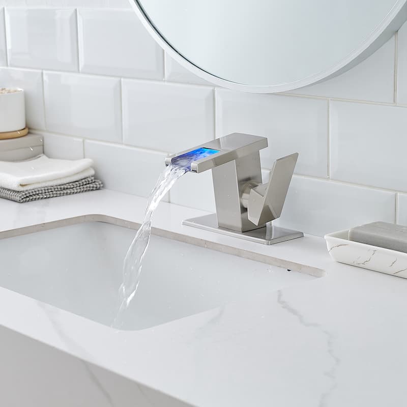 Stainless Steel LED Single Handle One Hole Bathroom Sink Faucet Waterfall with Drian