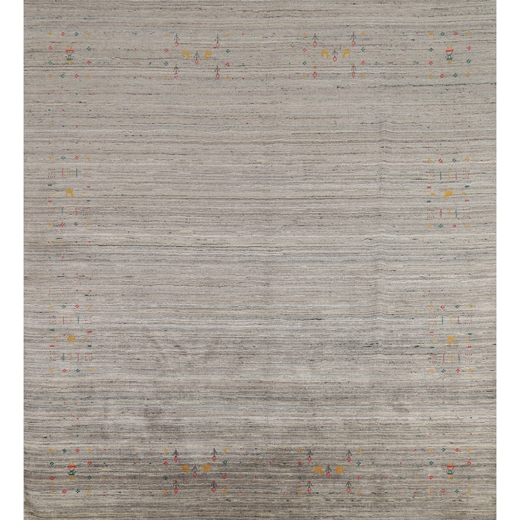 Striped Gabbeh Square Area Rug Hand-Knotted Wool Carpet - 7'10"x 7'11"
