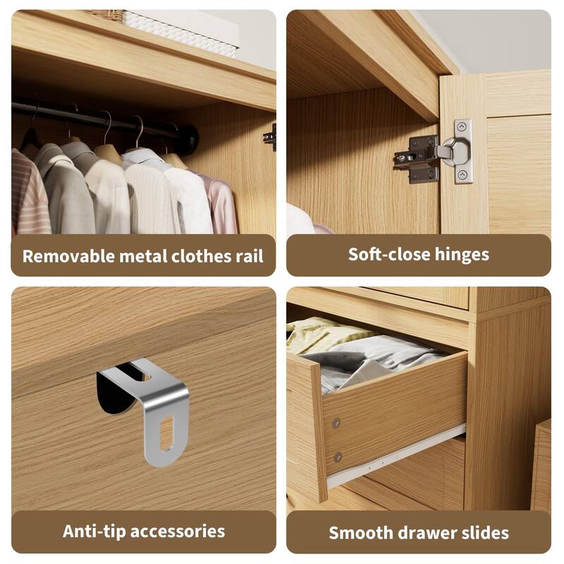 69.5" Wooden Armoire Wardrobe Closet with Louvered Doors, Drawers & Hanging Rod, Natural Finish Storage Cabinet