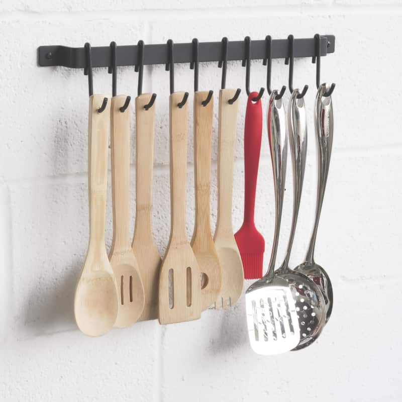 Wallniture Casto 17" Pot Rack with 10 Hooks, Steel Utensil Holder, Black