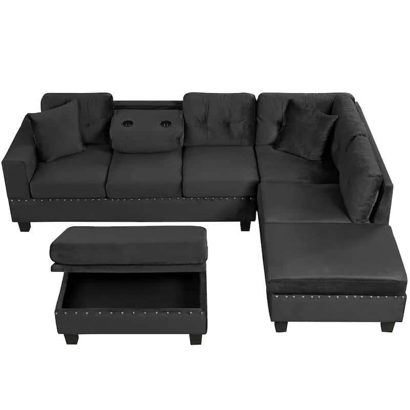 105" Modern Velvet L-shape Reversible Sectional Sofa with 2 Pillows and Cup Holders