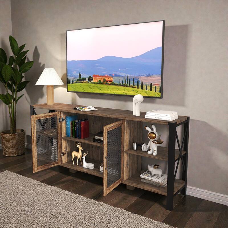 Industrial TV Stand for Living Room, Modern Farmhouse Wood & Metal Entertainment Center with Open Bookshelf