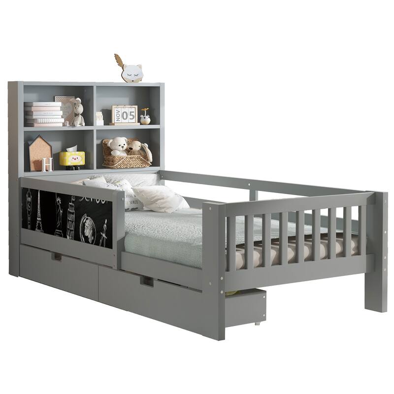 Twin Platform Bed with Chalkboard,Solid Wood Platform Bed with Storage Drawers and Shelves,Space-saving Design