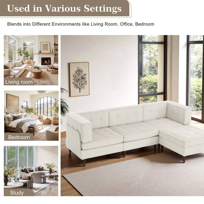 UIXE 4 - Piece Corduroy Sectional Sofa with Flip-Top Storage Ottoman Coffee Table