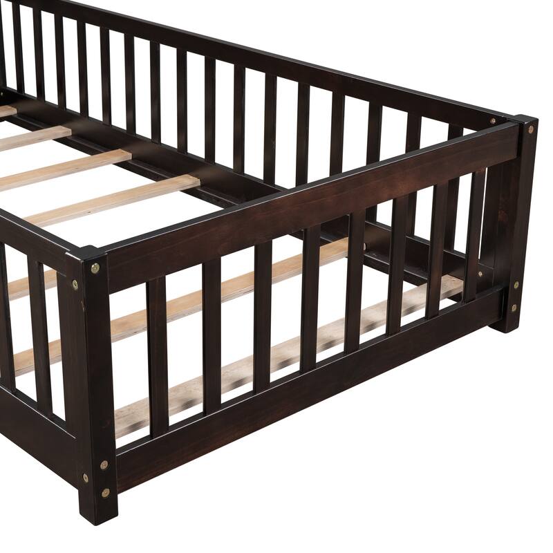 Floor Platform Bed with Fence Guardrails and Door