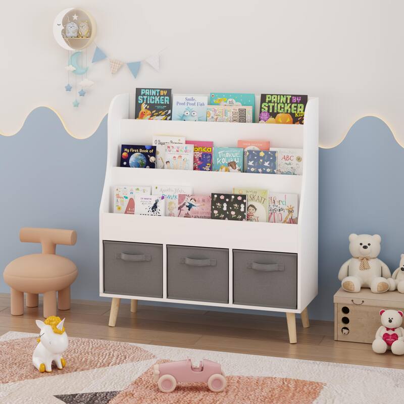 Anmytek 3 Tier Kids Bookcase with Toy Storage Drawers Slanted Display Shelves Pine Wood White for Nursery Playroom