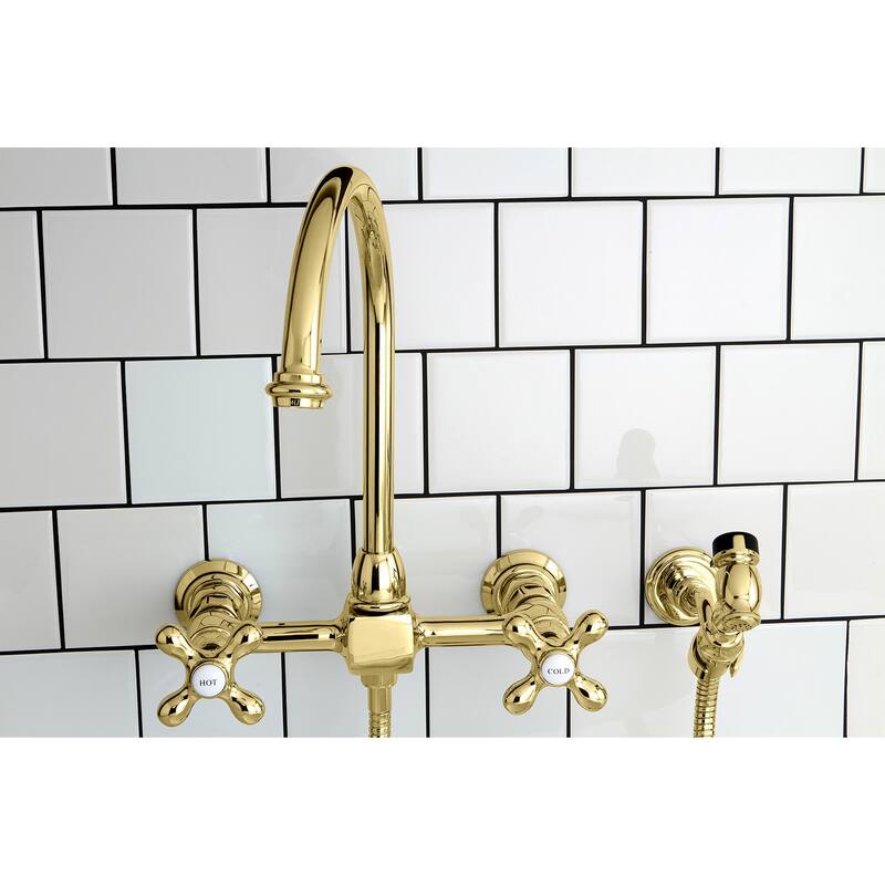 Kingston Brass Restoration Wall Mount Bridge Kitchen Faucet with Brass Sprayer