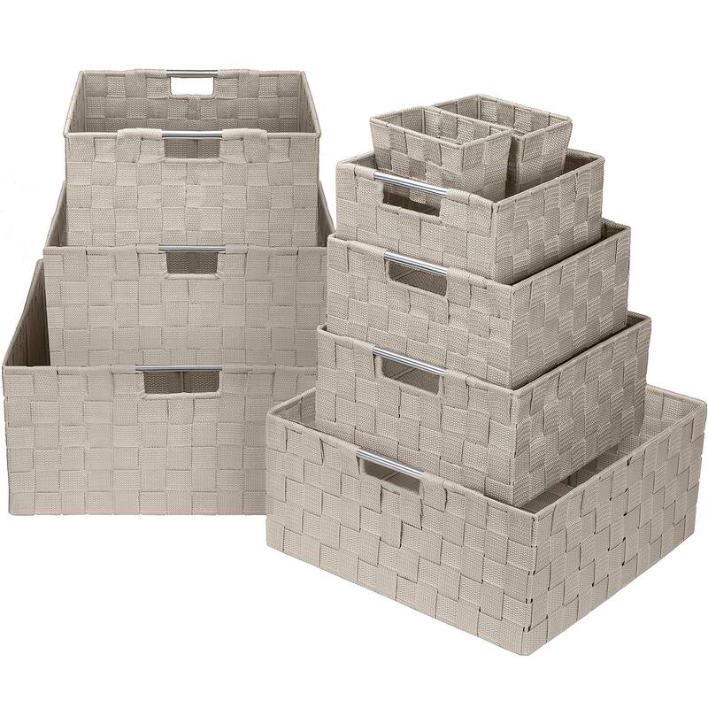 Storage Box Woven Basket Bin Container Tote Cube Organizer Set Stackable Shelf Organizer Built-in Carry Handles (9-Piece)